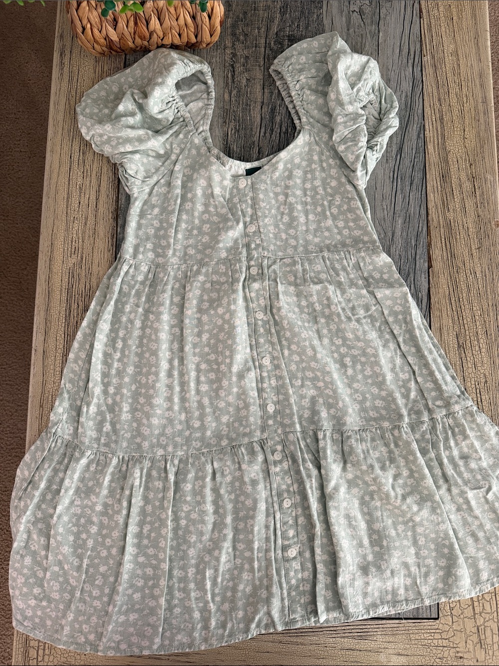 wild fable Sage Green Floral Button-Front Puff Sleeve Dress